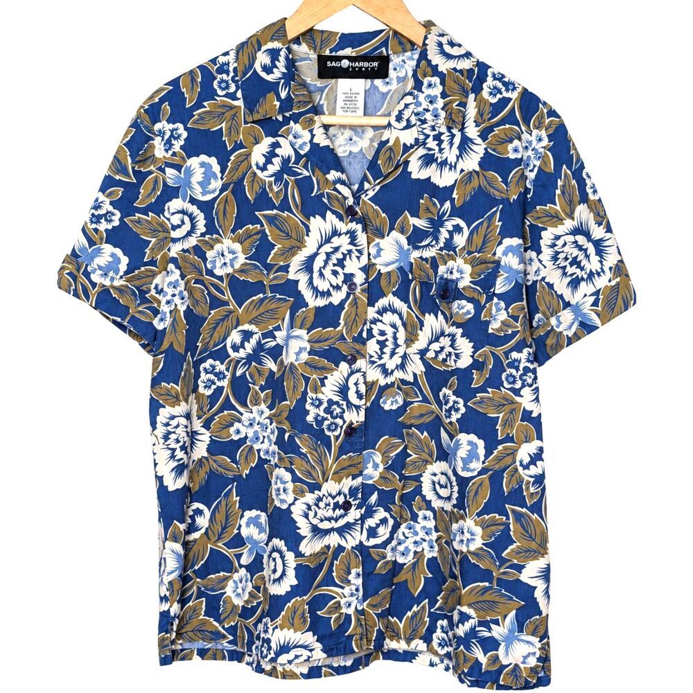 Vintage Sag Harbor Sport Hawaiian Floral Shirt Men’s M Blue Cotton Button Up